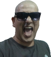 a bald man wearing sunglasses and a black shirt with a skull on it