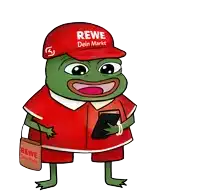 a frog wearing a rewe dein markt hat holds a tablet