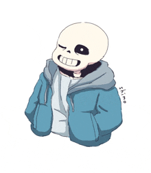 a drawing of a skeleton wearing a blue jacket with the name stino on the bottom