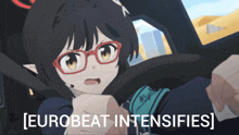 a picture of a girl with glasses and the words eurobeat intensifies below her