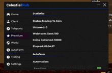 a screen shot of celestial hub shows statistics