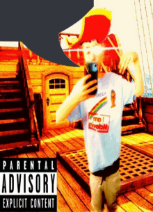 a man taking a picture with a parental advisory explicit content