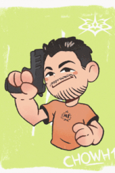 a cartoon drawing of a man holding a gun with a shirt that says m8