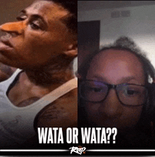 a man and a woman are standing next to each other with the words " wata or wata " on the bottom