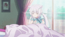 a cartoon girl with a cat ear is laying on a bed