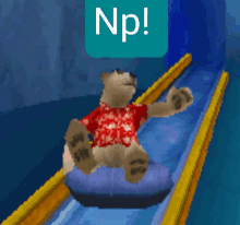 a teddy bear is sliding down a slide with a np icon above it