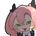 a cartoon girl with pink hair and green eyes is smiling and making a funny face .