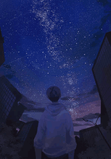 a drawing of a man looking up at the stars