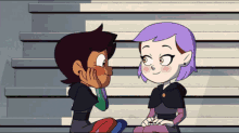 two cartoon characters are sitting next to each other on a set of stairs