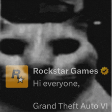 a black and white photo of a cat with the words rockstar games hi everyone grand theft auto vi below it