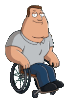 a cartoon character is sitting in a wheelchair and smiling