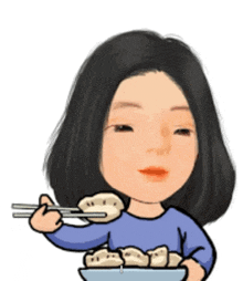 a cartoon of a woman eating dumplings with chopsticks .