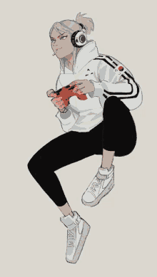 a drawing of a girl wearing headphones and holding a game controller .