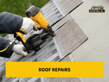 a person using a nail gun on a roof that says roof repairs on the bottom