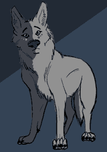 a drawing of a wolf with blue eyes and black paws