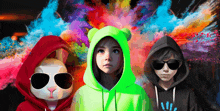 a girl in a green hoodie stands next to a rabbit and a boy in sunglasses