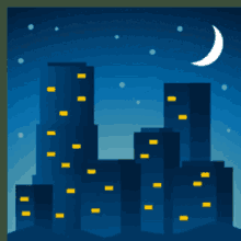 a city skyline with a crescent moon in the sky