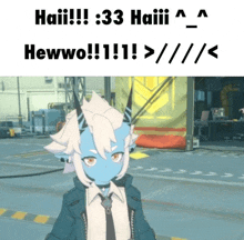 a cartoon character with horns and the words haiii 33 haiii hewwo !!!