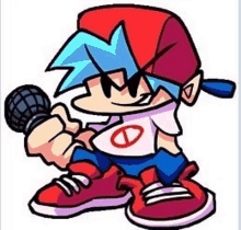 a cartoon boy is holding a microphone in his hand and singing into it .