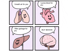 a cartoon of a heart liver and brain saying " i breath air for you " and " i pump blood for you "