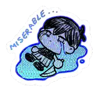 a drawing of a boy holding a knife and crying with miserable written above him .