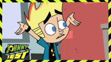 a cartoon character from johnny test is standing in front of a red wall with his arms outstretched