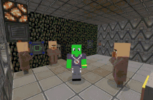 a green minecraft character with a necklace around his neck stands in a room with other villagers