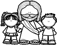 a black and white drawing of jesus standing next to two children