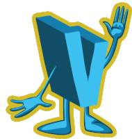 a blue letter v with arms and legs waving his hand