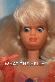 a close up of a barbie doll with the words " what the helly " on the bottom