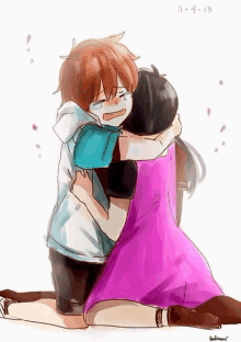 a girl in a purple dress is hugging a boy in a blue shirt who is crying