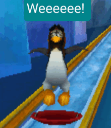 a penguin is standing on a red board with a sign that says weeee