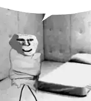 a black and white photo of a stick figure with a face wrapped in a bandage standing next to a bed .