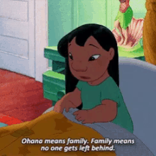 a cartoon of a girl saying " ohana means family "