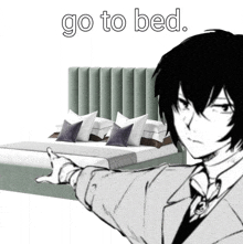 a black and white drawing of a man pointing to a bed with the words go to bed written on it