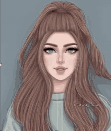 a drawing of a girl with long brown hair and blue eyes wearing a sweater .