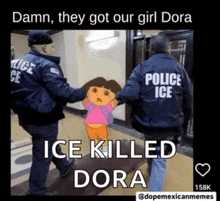 a picture of a girl named dora being held by police