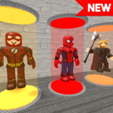 a group of superhero figures are displayed in a room with a red banner that says new