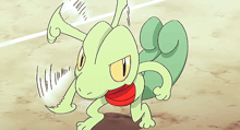 a cartoon lizard with a yellow eye is standing on a sandy beach