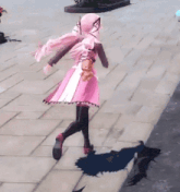 a girl in a pink dress with a teddy bear on her back is walking down a sidewalk