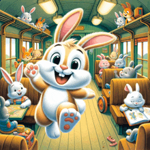 a bunch of bunny rabbits are on a train with a sign that says " easter bunny " on it