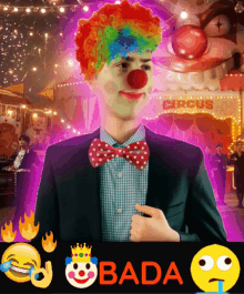 a man dressed as a clown stands in front of a circus sign