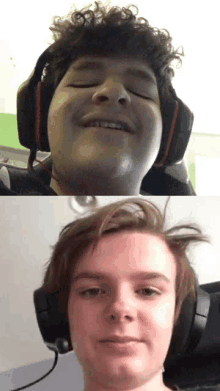 two pictures of a man wearing headphones one is smiling the other is looking down