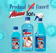 three bottles of mona alcohol sanitizer are displayed