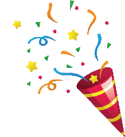 a cartoon illustration of a party popper with confetti and stars coming out of it