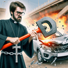 a priest with a cross around his neck is holding a large wrench in front of a car