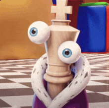 a cartoon character holding a chess piece with big blue eyes