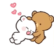 two teddy bears are standing next to each other and kissing each other .