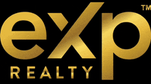 a logo for exp realty is shown in gold on a black background