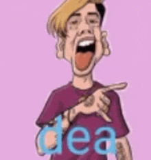 a cartoon of a man pointing at something with the word dea written on his shirt .